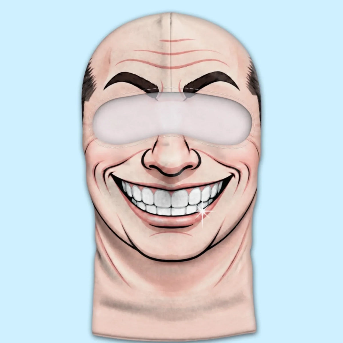Bald-top toothy-grin cartoon face balaclava laid flat with its eye opening visible.