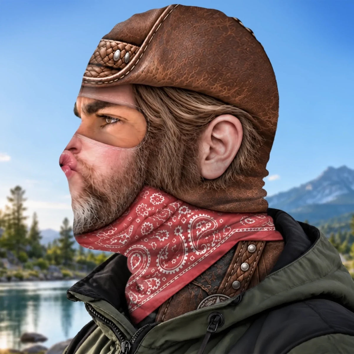 Side view of the same puckered cowboy design, including printed hat and bandana details.