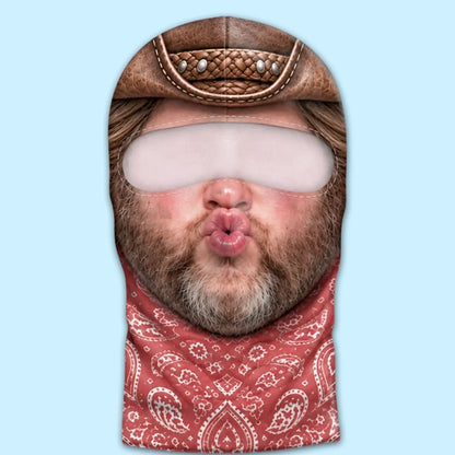 Puckered cowboy print balaclava laid flat, showing the eye opening and red bandana artwork.