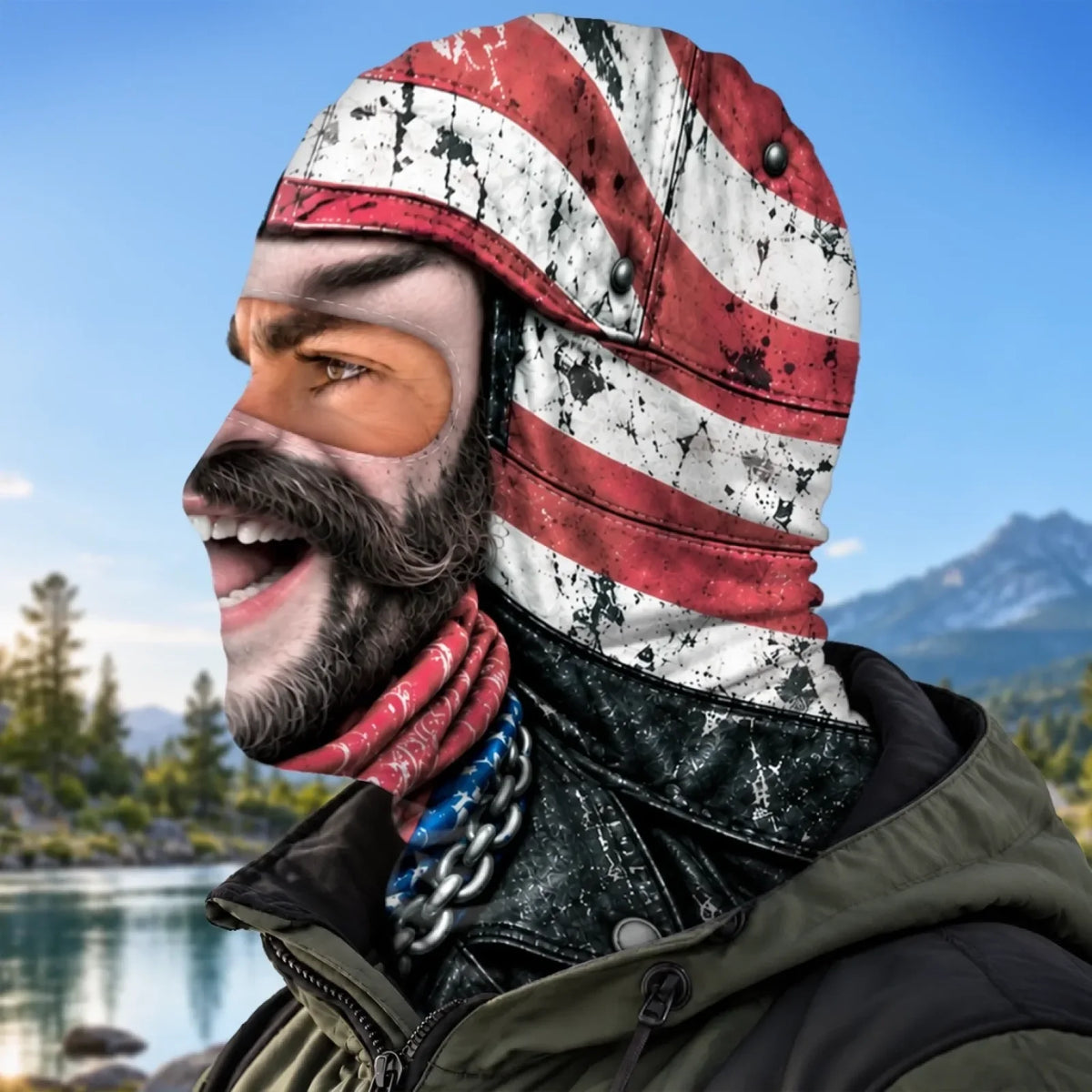 Side view of American-flag laughing biker print balaclava with printed beard, red bandana and leather-look details.