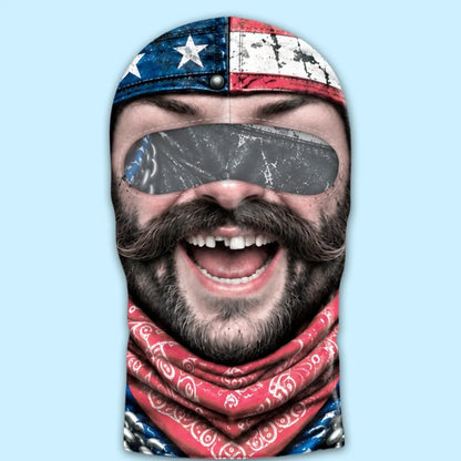 American-flag laughing biker balaclava laid flat, showing its eye opening, laughing face and printed red bandana.
