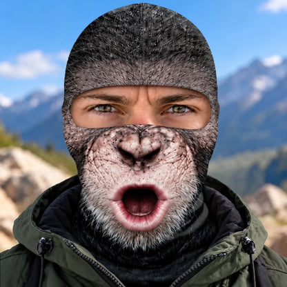 Front view of surprised monkey-face print balaclava with a round open-mouth design.