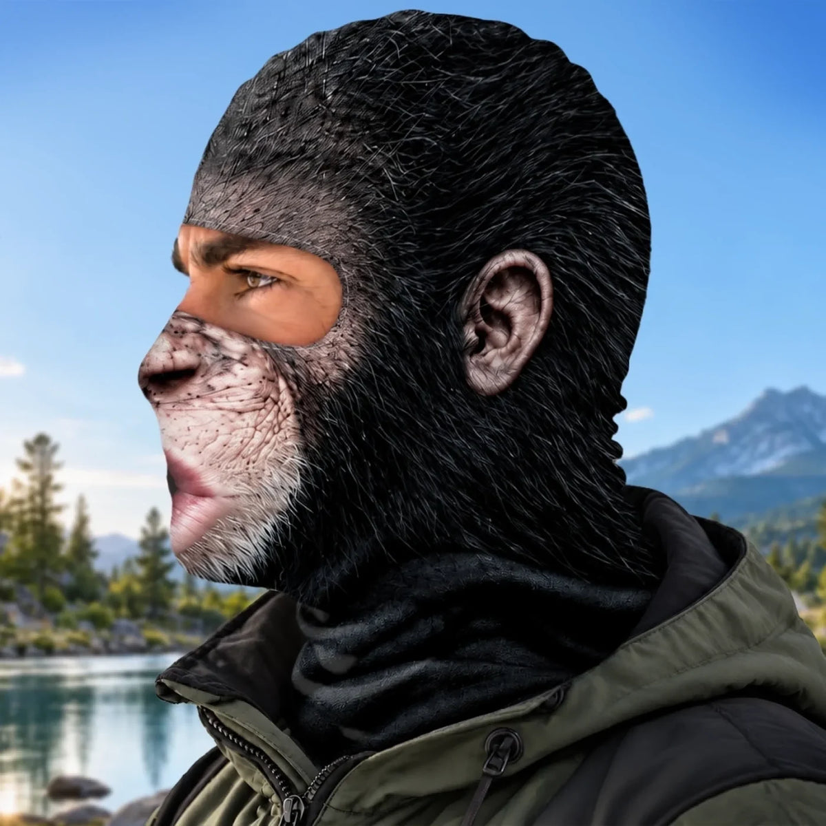 Side view of the same surprised monkey-face balaclava with printed dark fur and ear.
