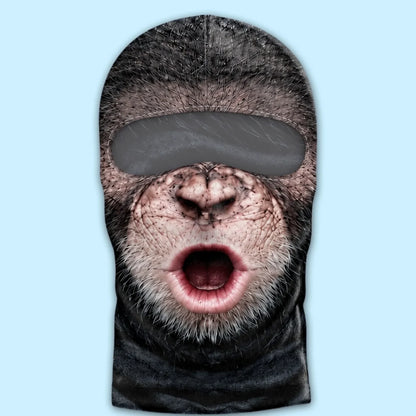 Surprised open-mouth monkey print balaclava laid flat, showing the eye opening.