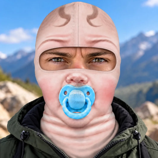 Front view of adult baby-face print balaclava with a blue pacifier illustration and eye opening.