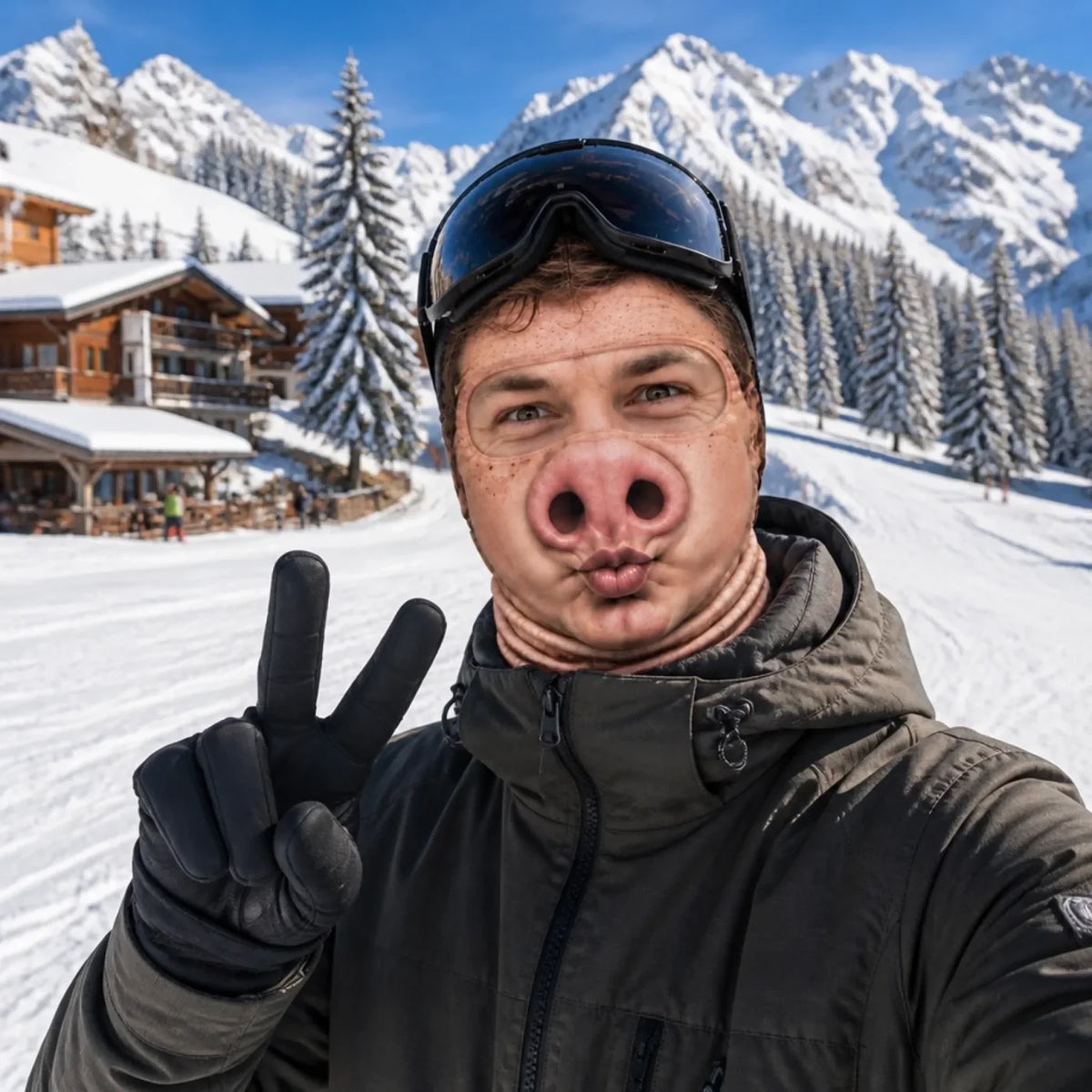 Pig-nose funny-face print balaclava worn outdoors; goggles and outerwear are styling props.