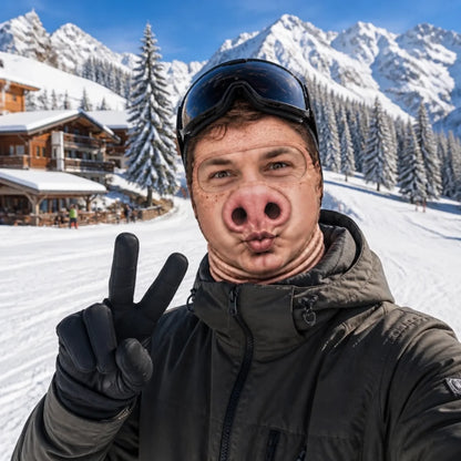 Pig-nose funny-face print balaclava worn outdoors; goggles and outerwear are styling props.