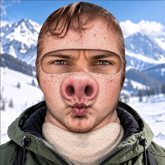Front view of pig-nose funny-face print balaclava with puckered lips and brown hair artwork.