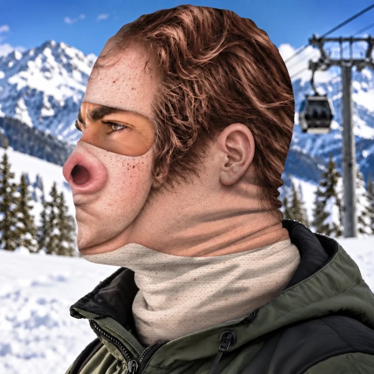 Side view of the same pig-nose face balaclava, showing printed hair and cream scarf-effect details.