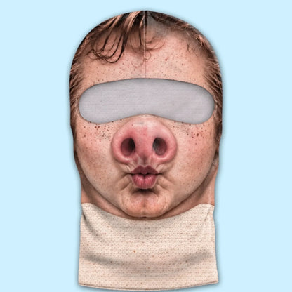 Pig-nose funny-face print balaclava laid flat with the eye opening and cream scarf artwork visible.