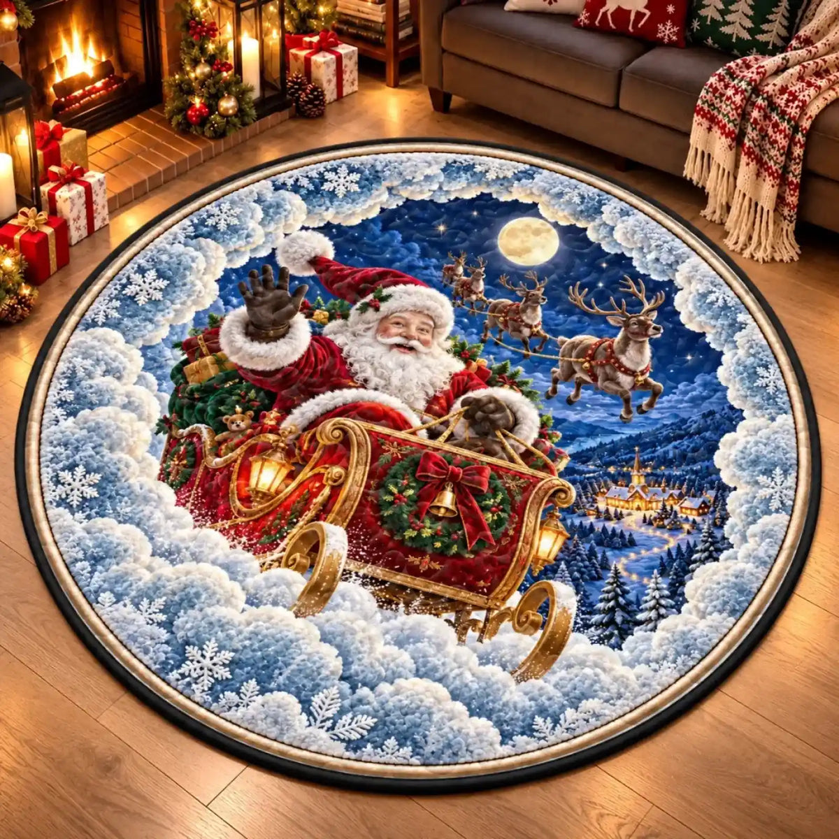 Santa sleigh Christmas round mat with snowy village and nighttime sky artwork