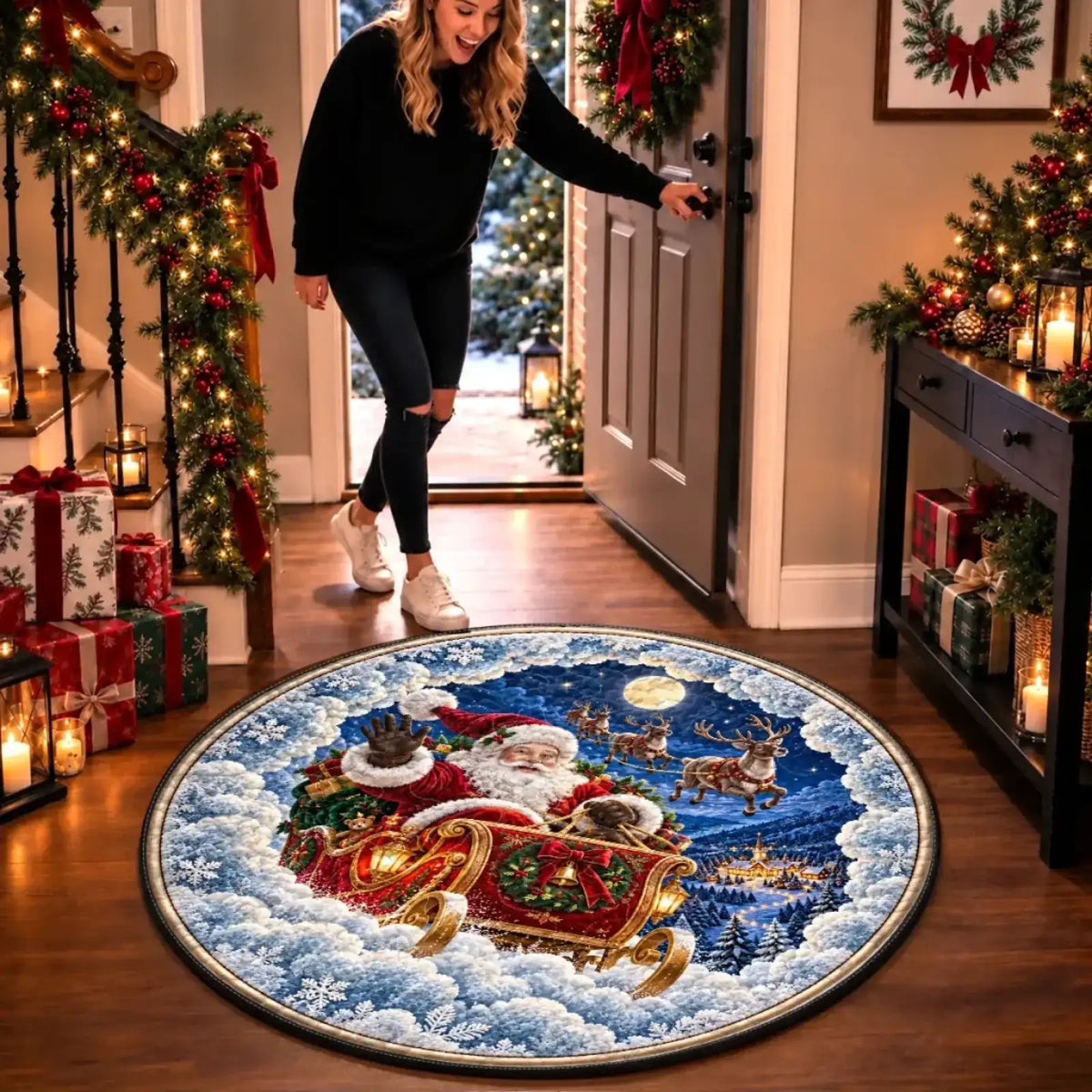 Santa sleigh round mat displayed near a decorated entryway