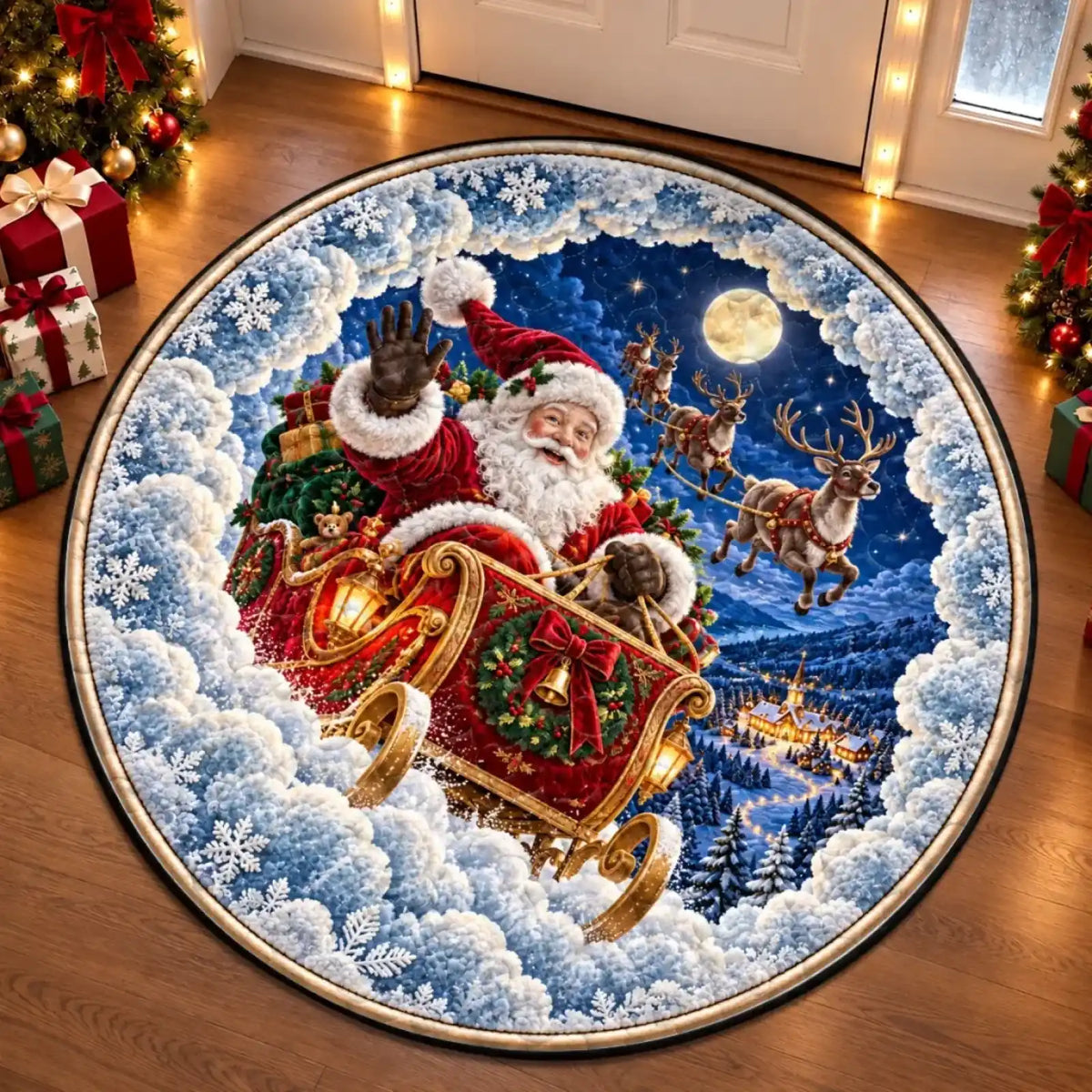 Overhead view of Santa sleigh round mat with printed snowy border