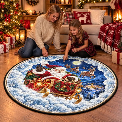 Santa sleigh Christmas mat shown on a living room floor