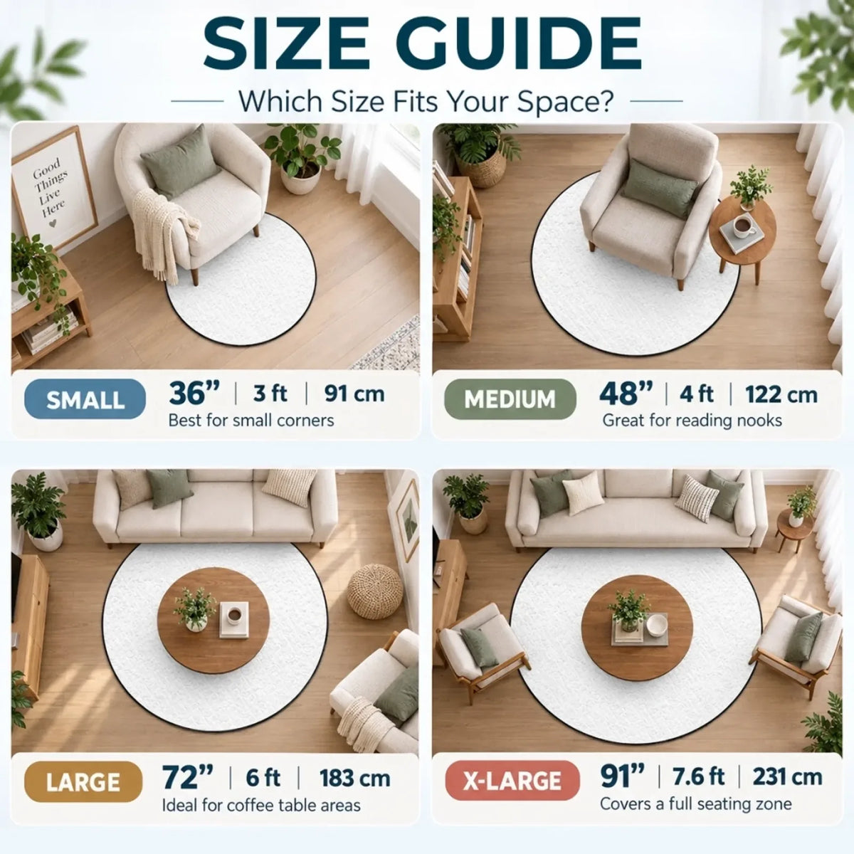 Round mat size guide comparing36,48,72 and91 inch diameters