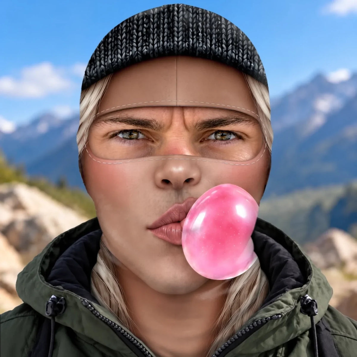Front view of bubblegum-face print balaclava with pink bubble artwork and a black-beanie print.