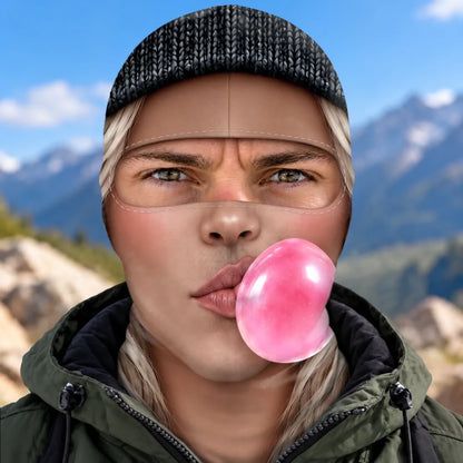 Front view of bubblegum-face print balaclava with pink bubble artwork and a black-beanie print.