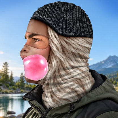 Side view of the same bubblegum-face balaclava with printed blonde hair and black-beanie details.