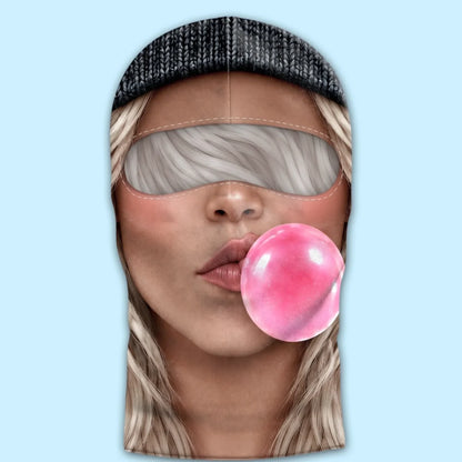 Bubblegum-face black-beanie print balaclava laid flat, showing the eye opening and pink bubble illustration.