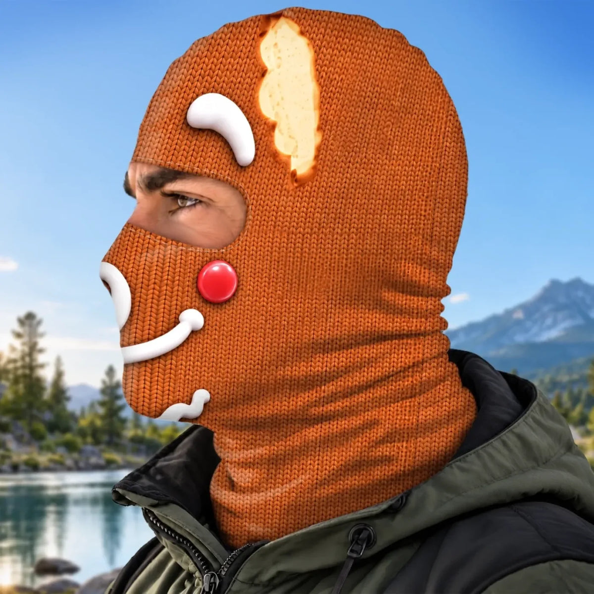 Side view of the same gingerbread-face balaclava, showing a printed bitten-cookie detail.