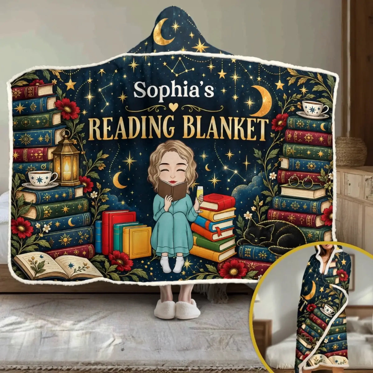 Celestial reading hooded blanket with books, reader character and example name Sophia