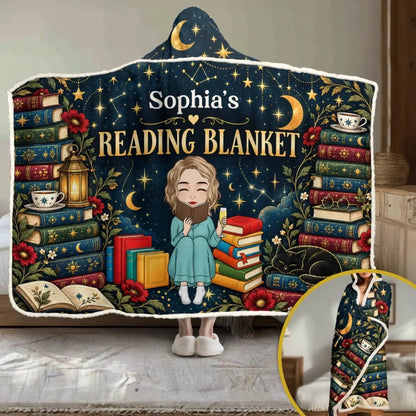 Celestial reading hooded blanket with books, reader character and example name Sophia