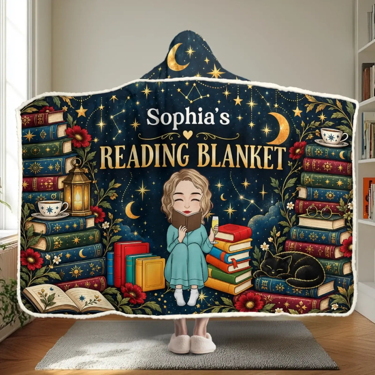 Personalized reading blanket with moon and star illustrations displayed flat