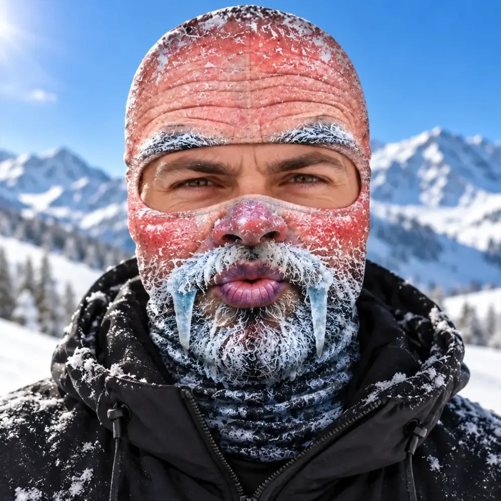 Frosted Puckered Beard print balaclava with printed ice and facial details