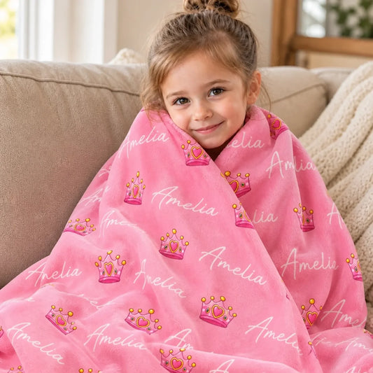 Pink crown-pattern name blanket