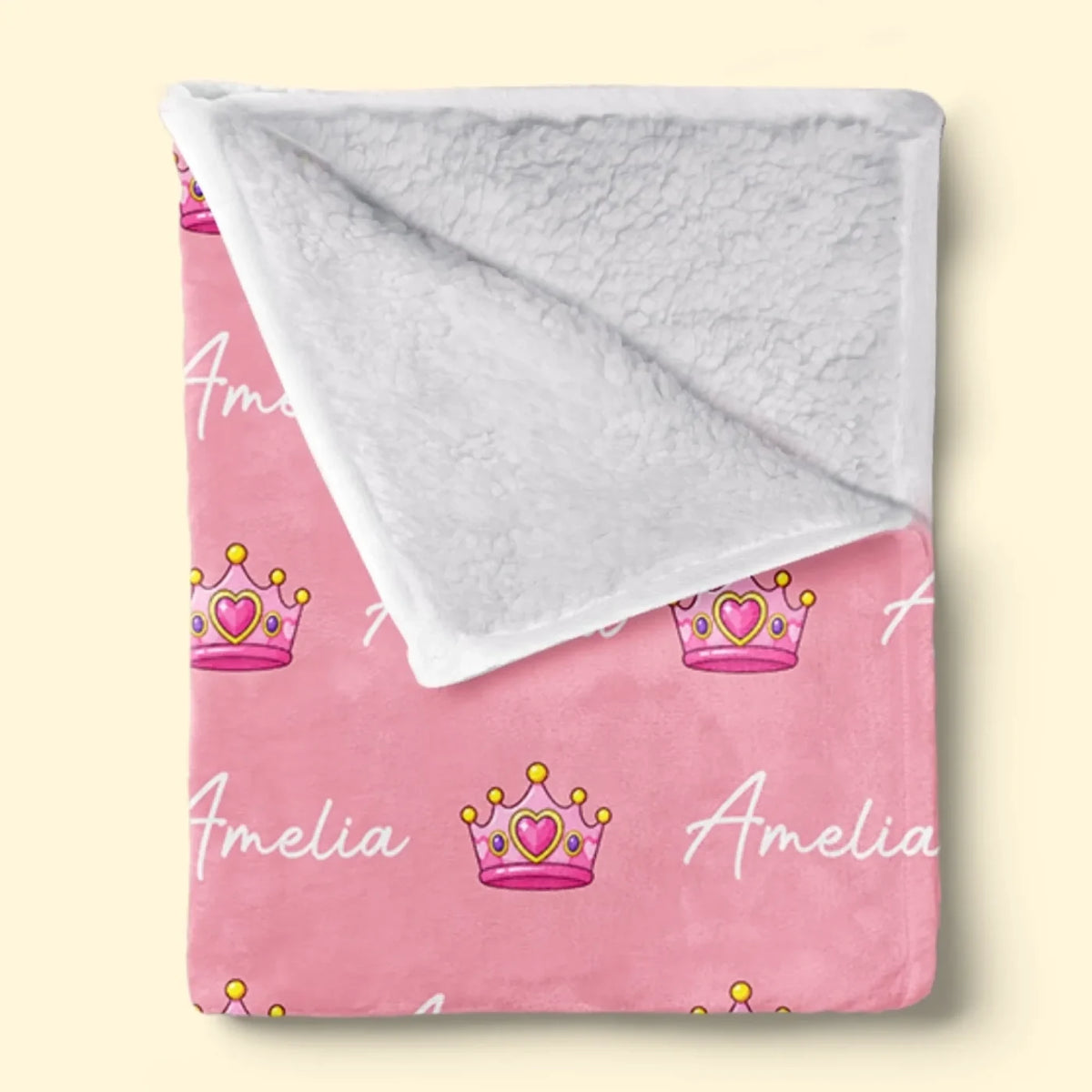 Sherpa-style backing on a folded crown and name blanket