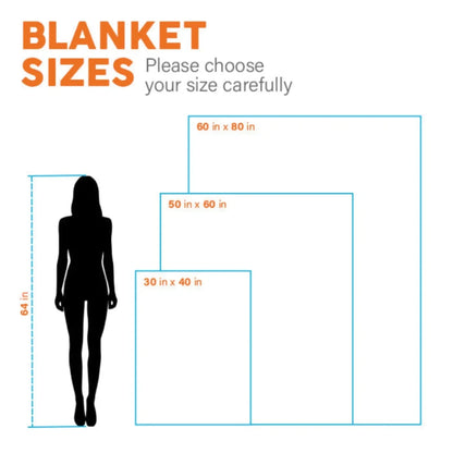 Blanket size guide: 30 by 40, 50 by 60 and 60 by 80 inches