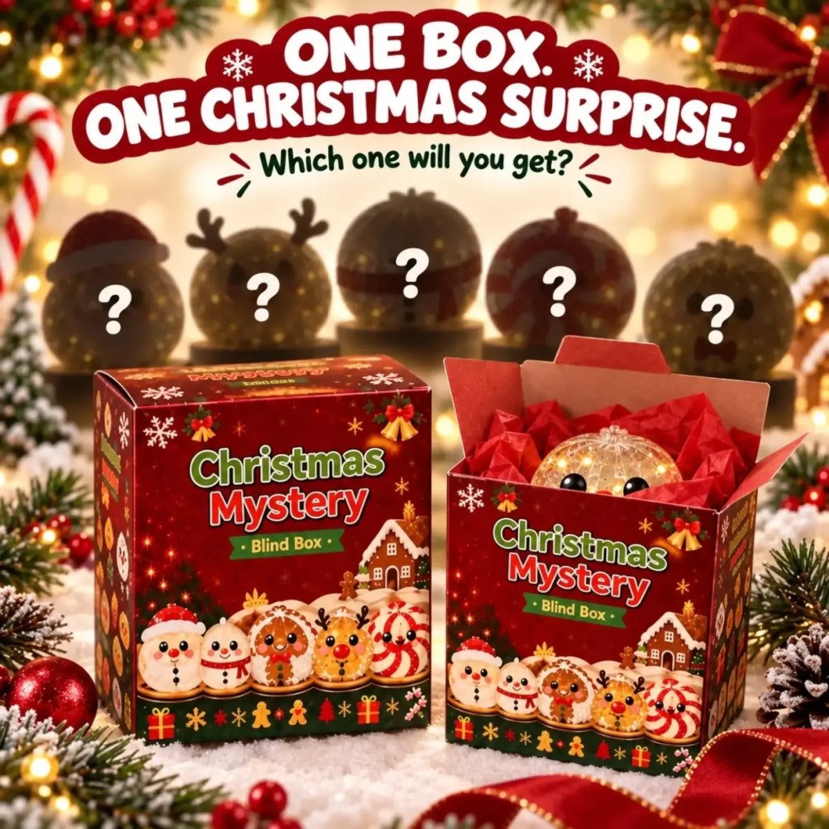 One Christmas surprise character per blind box with mystery designs illustrated