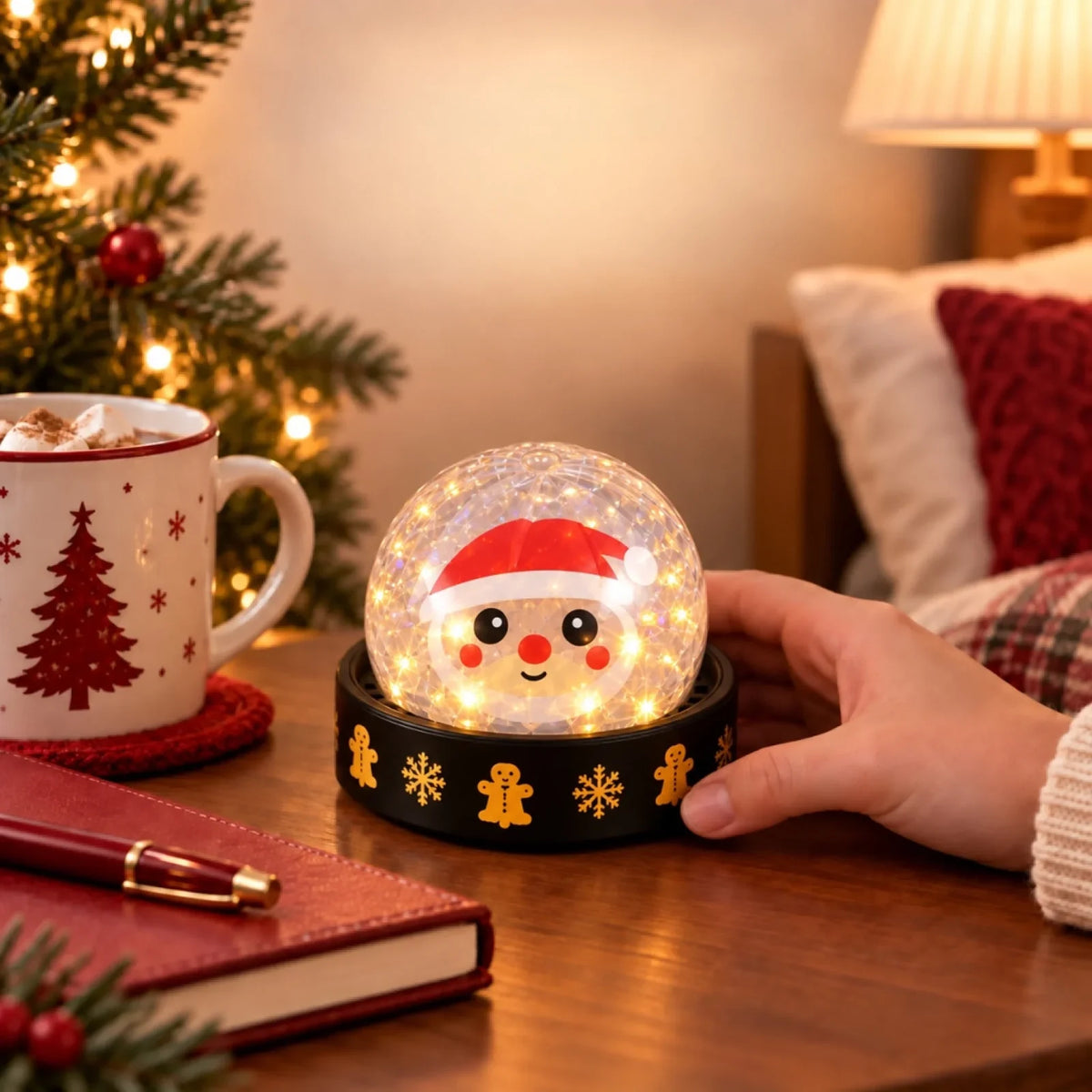 Santa-style Christmas dumpling squishy displayed beside a notebook