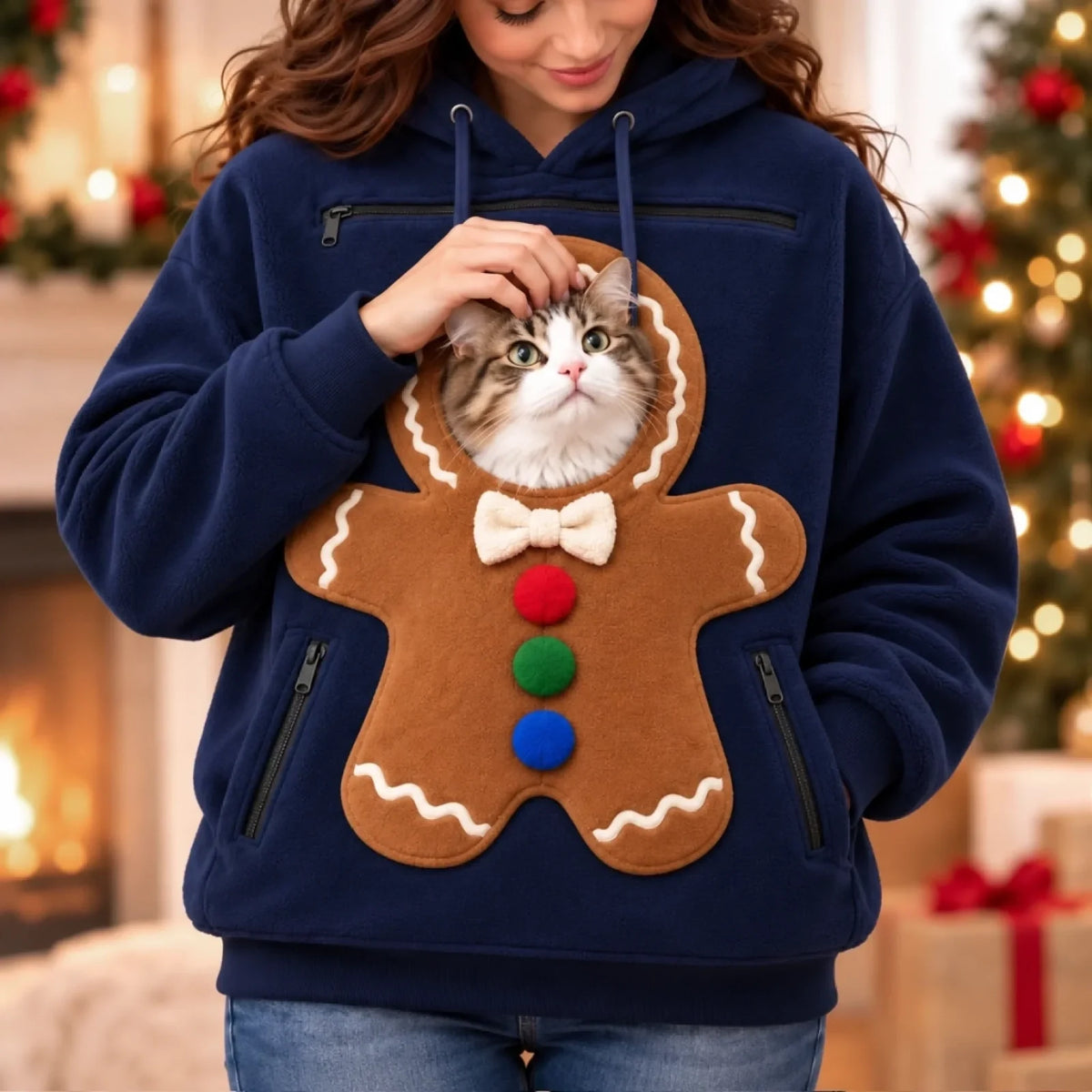 Blue gingerbread pet-pouch hoodie with a cat looking through the opening