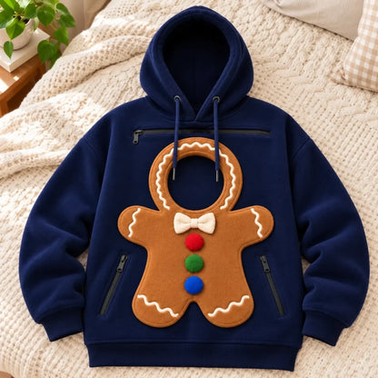Blue gingerbread pet-pouch hoodie laid flat without a pet