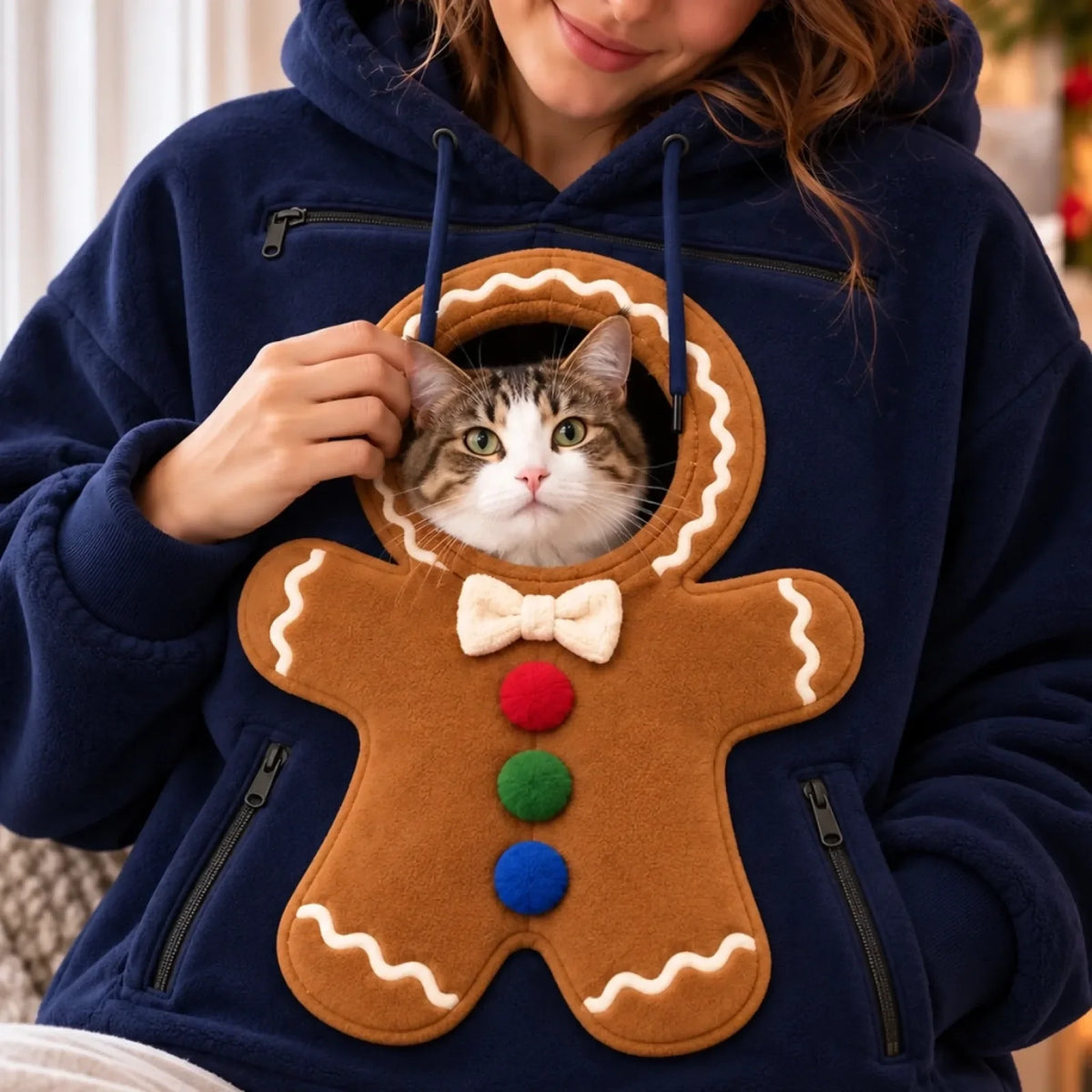 Close-up of blue gingerbread hoodie pouch and decorative details