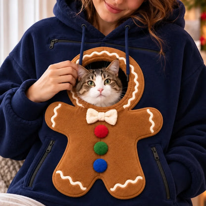 Close-up of blue gingerbread hoodie pouch and decorative details