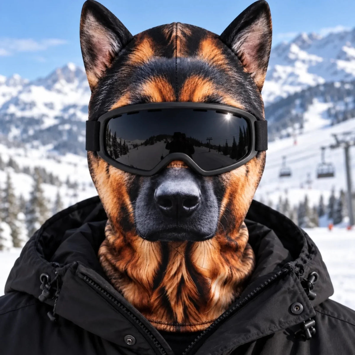 German Shepherd print balaclava with pointy ears, shown with goggles and jacket that are not included