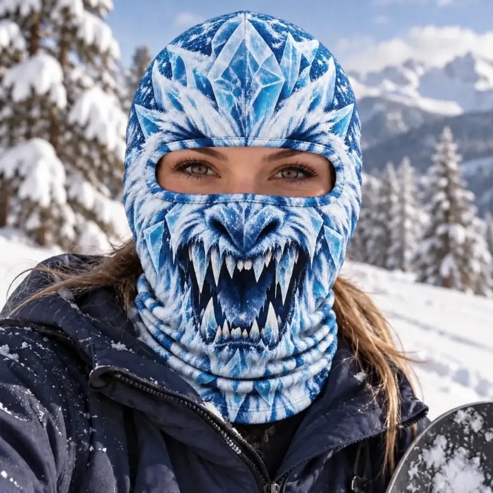 Blue Ice Monster print balaclava with flat printed teeth and ice-crystal details
