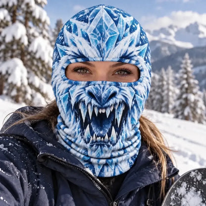 Blue Ice Monster print balaclava with flat printed teeth and ice-crystal details