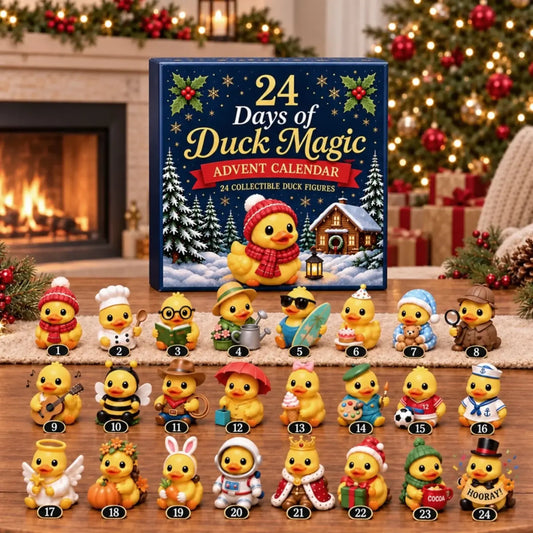 Duck Magic advent calendar box with 24 numbered costume duck figures displayed in front