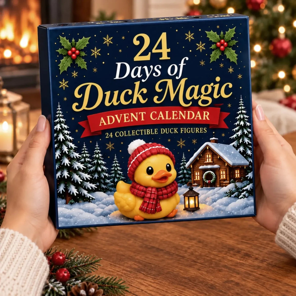 Hands holding the navy Duck Magic advent calendar box