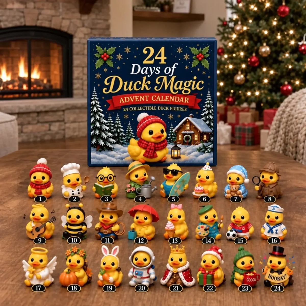 Duck Magic calendar and all 24 numbered duck figures arranged on a table