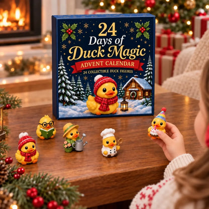 Hands displaying costume duck figures beside the advent calendar
