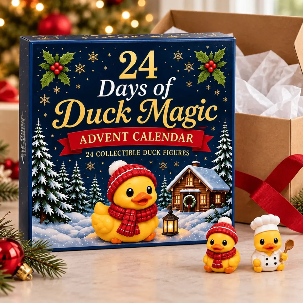 Duck Magic advent calendar in gift wrapping with two example figures