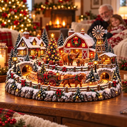 Highland Cow Christmas farm village with warm lights in a cozy family living room