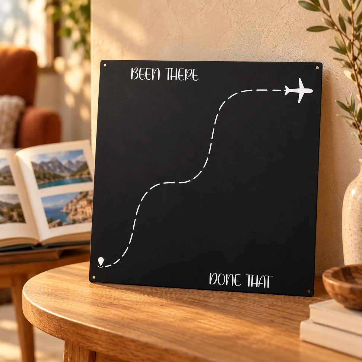 Bare square Been There Done That travel magnet display board beside a family travel photo album