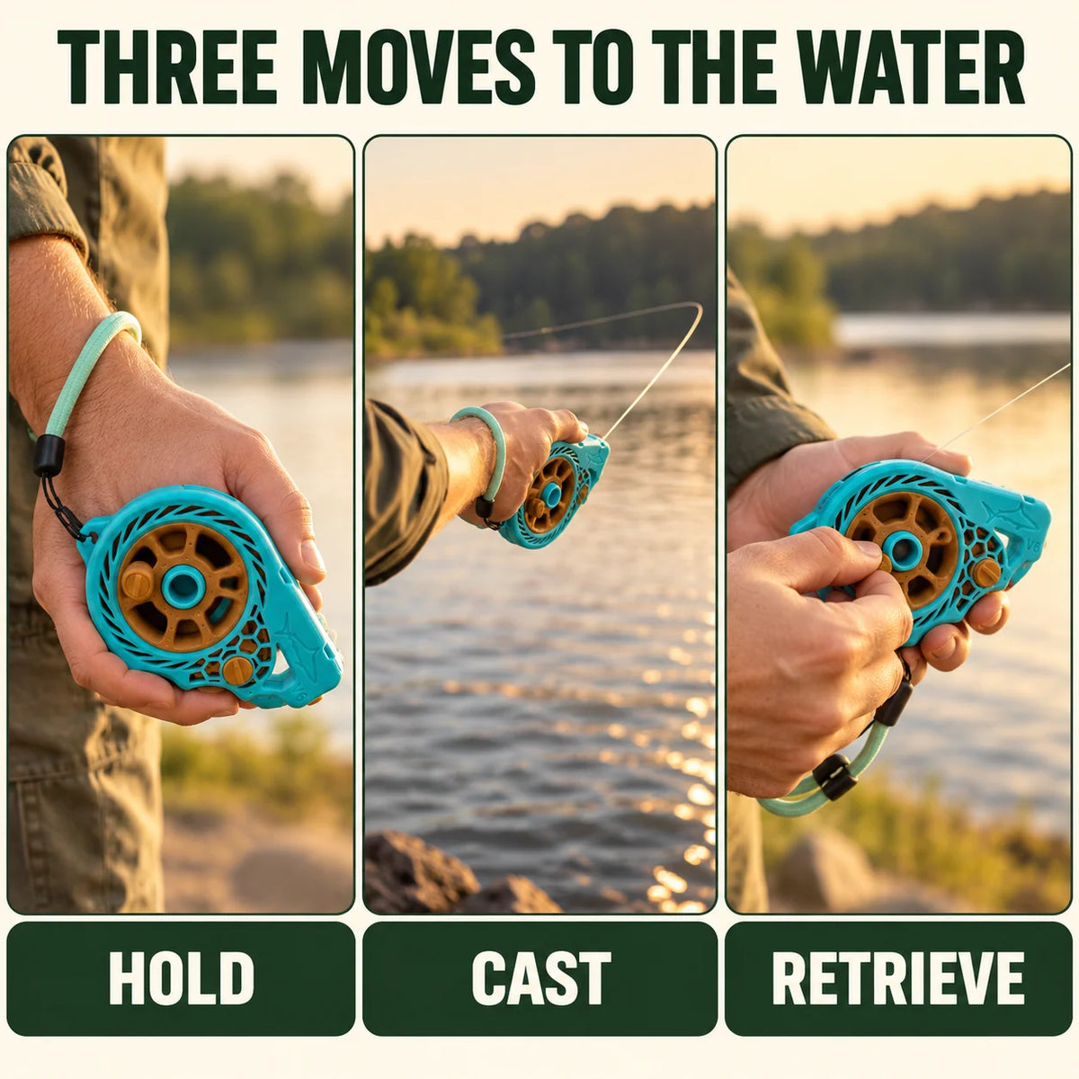 Illustrated handline reel hold, cast and retrieve sequence