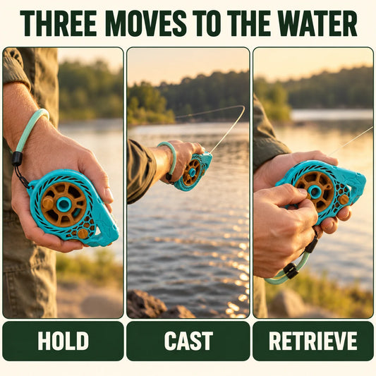 Illustrated handline reel hold, cast and retrieve sequence