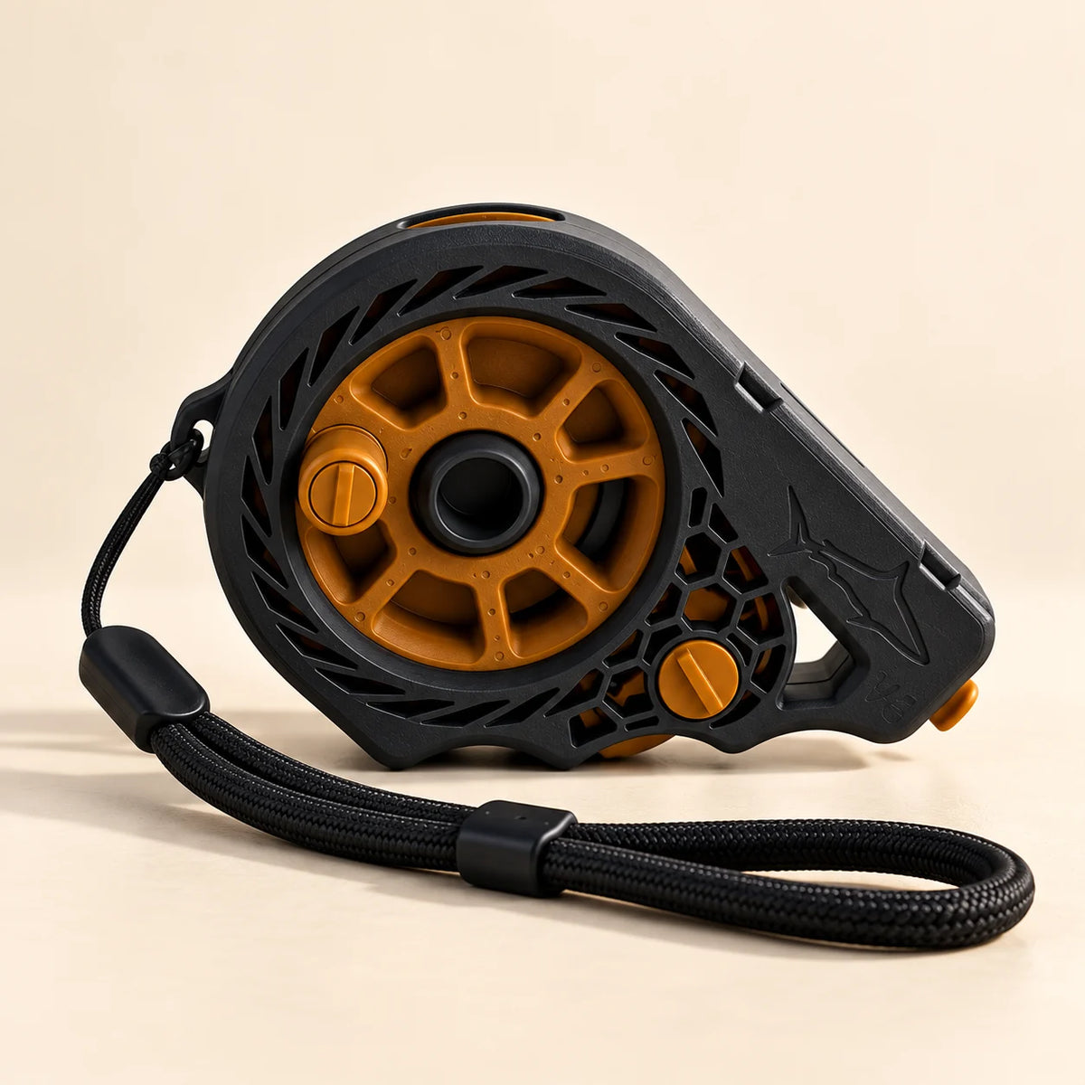 Black handline fishing reel with wrist strap